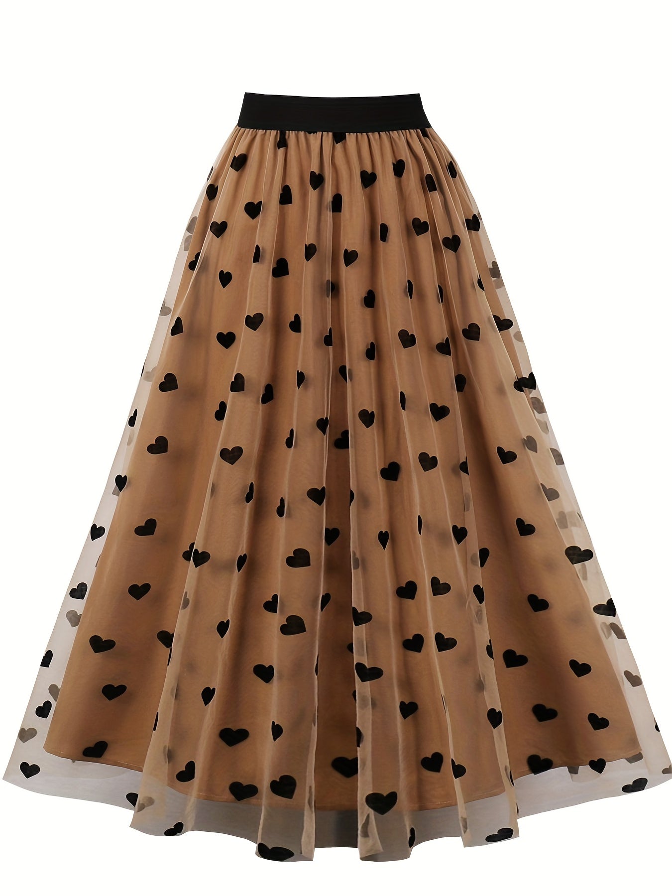 vlovelaw Heart Print Mesh Overlay Skirt, Elegant Skirt For Spring & Summer, Women's Clothing