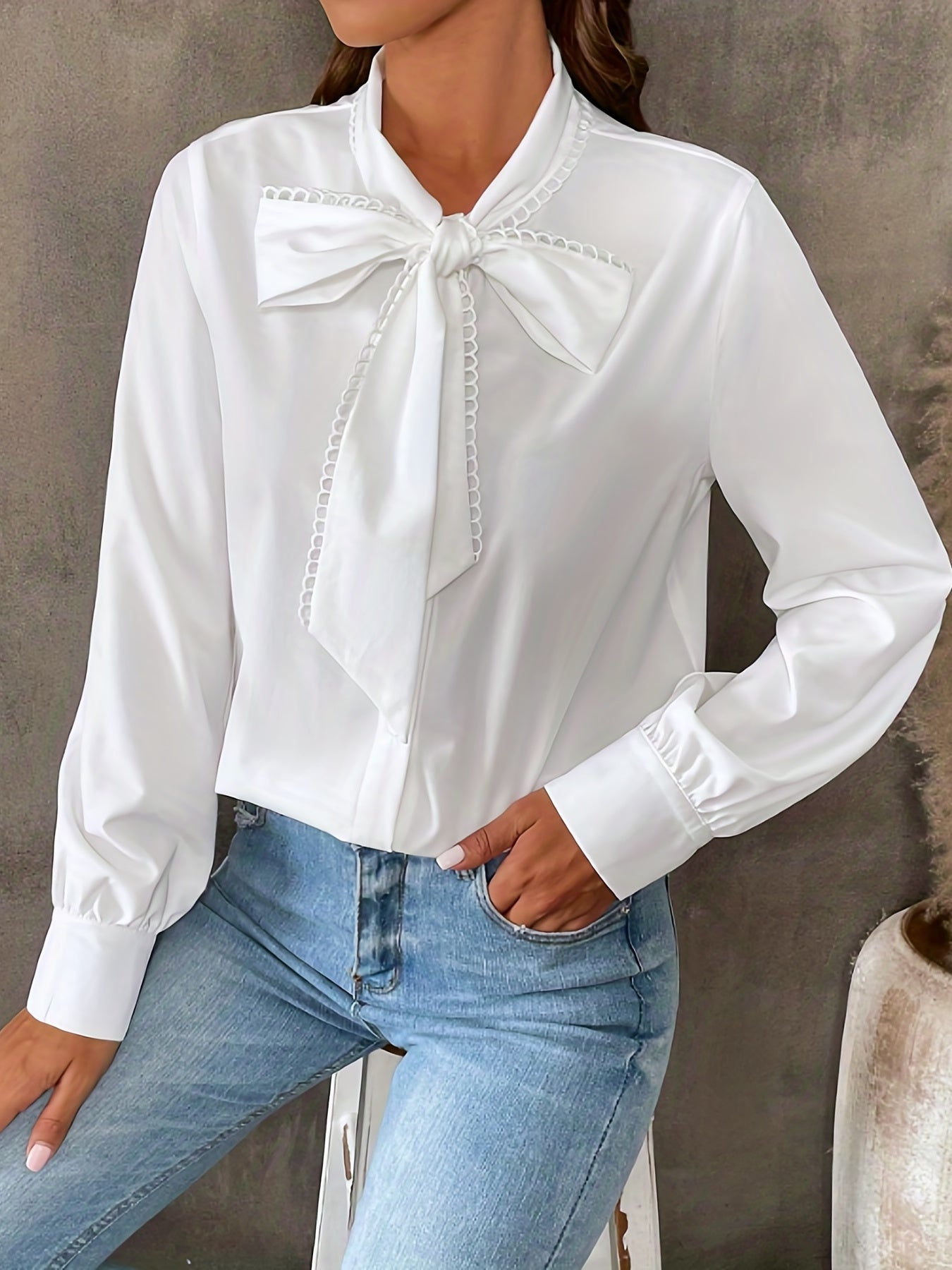 Bowknot Front Long Sleeve Blouse, High Neck Casual Top For Fall & Spring, Women's Clothing