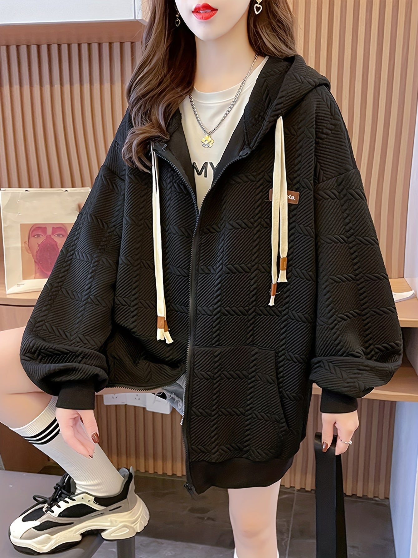 vlovelaw Slant Pockets Zip-up Cable Hoodie, Casual Lantern Sleeve Drawstring Hoodie Coat, Women's Clothing