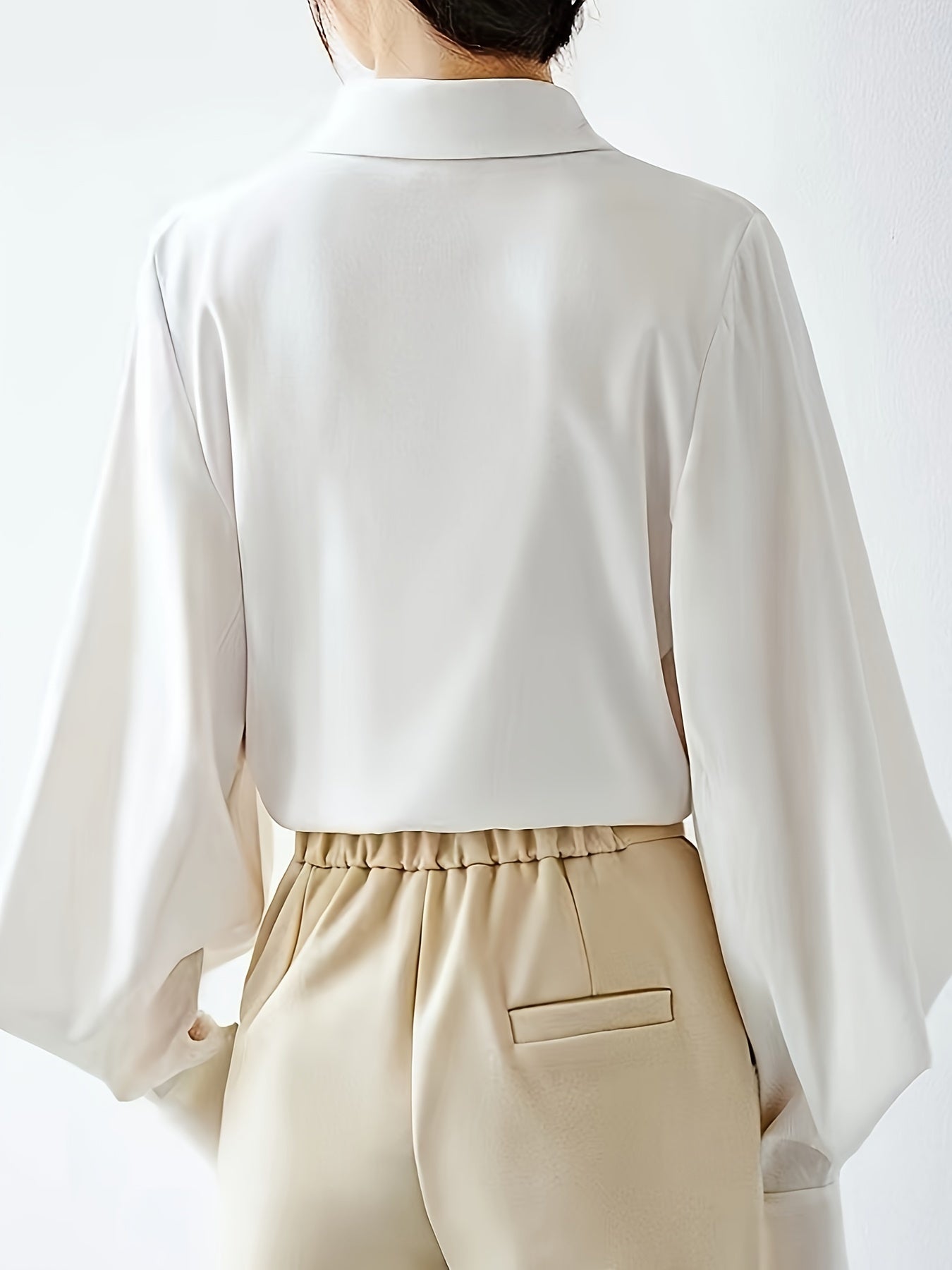 vlovelaw Solid Polo Collar Blouse, Casual Long Lantern Sleeve Blouse For Spring & Fall, Women's Clothing