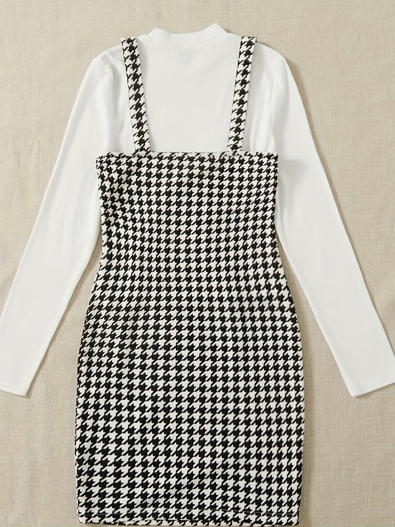 vlovelaw Simple Elegant Two-piece Set, Solid Long Sleeve Tops & Houndstooth Print Overall Dress Outfits, Women's Clothing