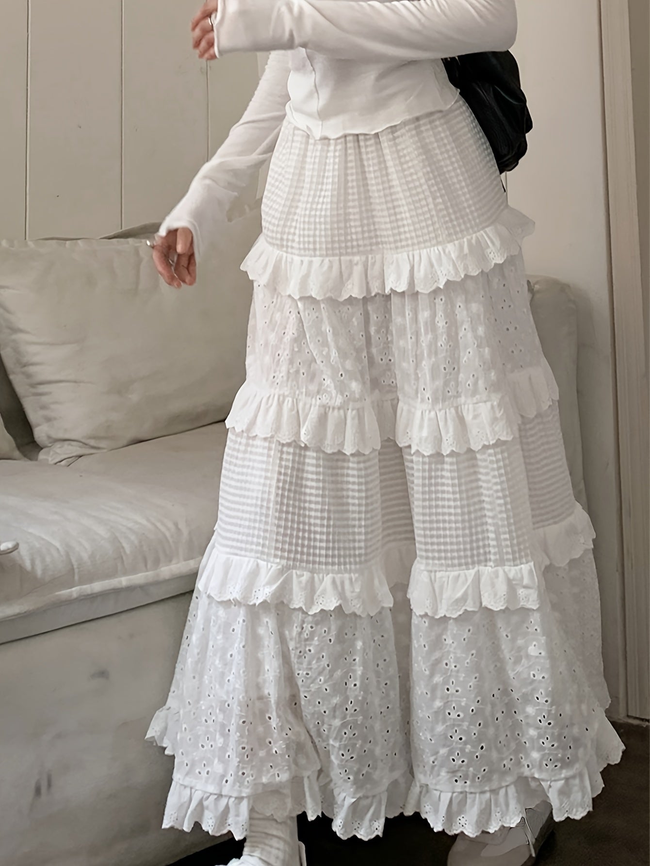 vlovelaw Eyelet Embroidered Layer Ruffle Maxi Skirt, Boho Elastic Waist A Line Skirt, Women's Clothing