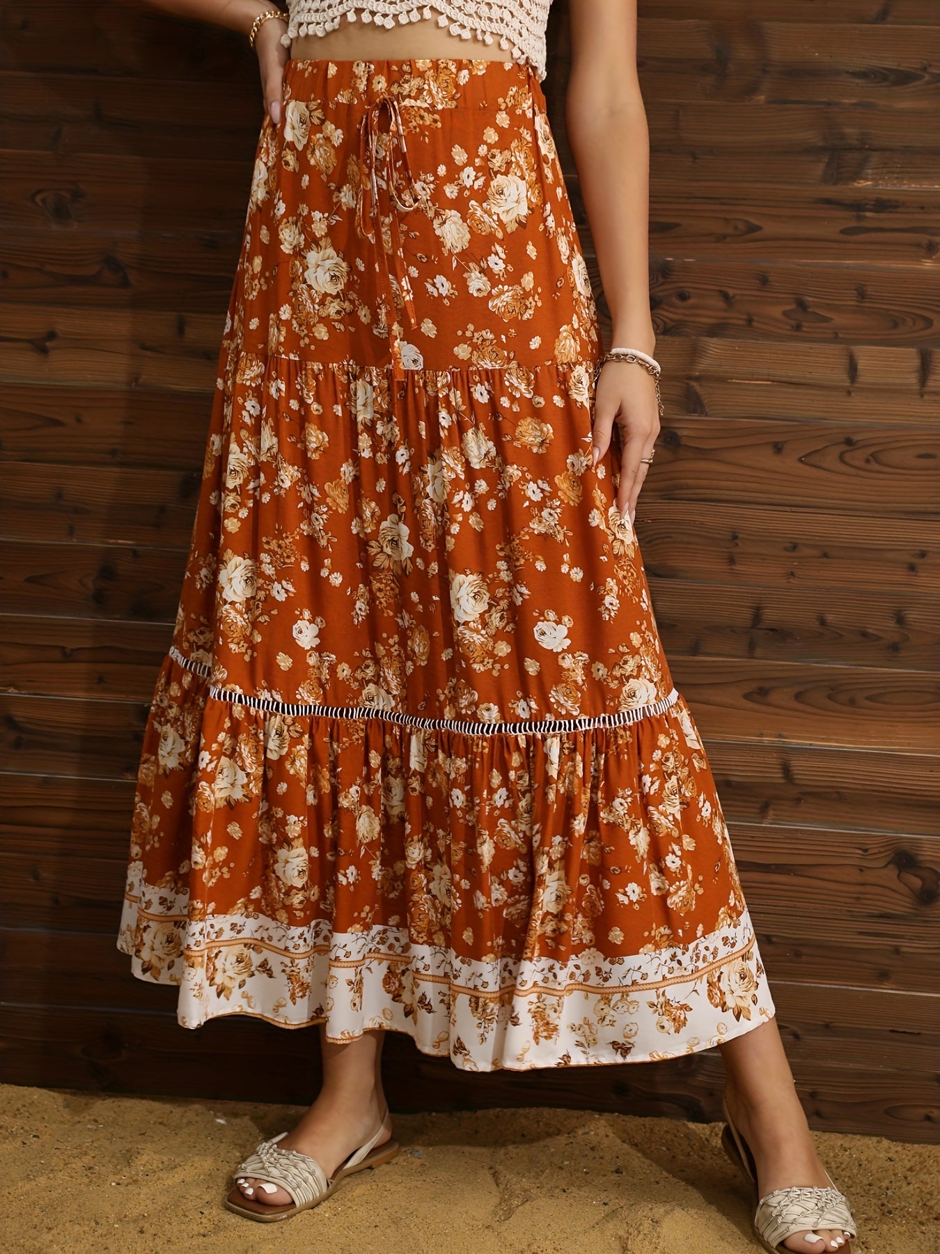 Floral Print Cut Out Tiered Skirt, Boho Drawstring Layered Skirt For Spring & Summer, Women's Clothing