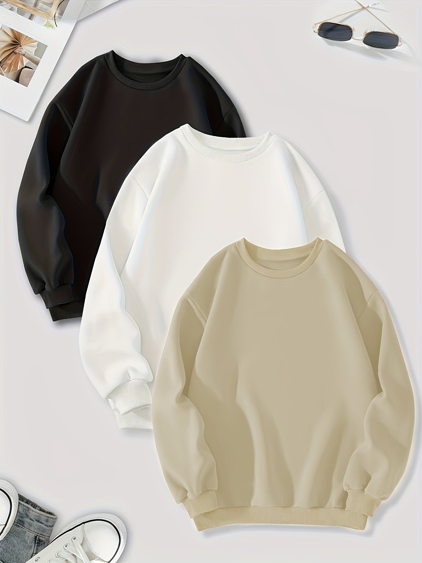 vlovelaw 3 Packs Mixed Color Pullover Sweatshirts, Casual Long Sleeve Crew Neck Sweatshirt, Women's Clothing