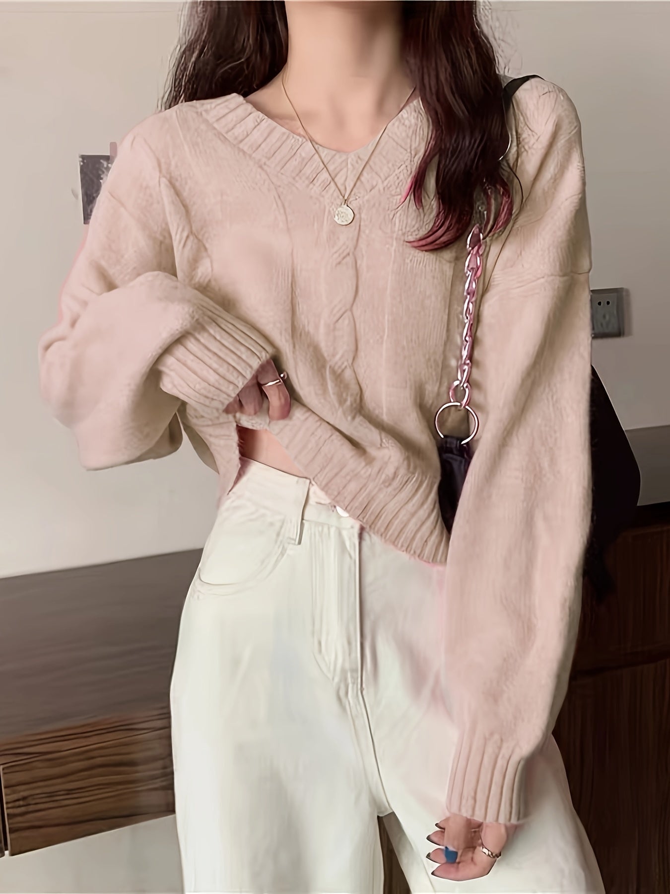 vlovelaw Solid V Neck Cable Knit Sweater, Casual Long Sleeve Pullover Sweater, Women's Clothing