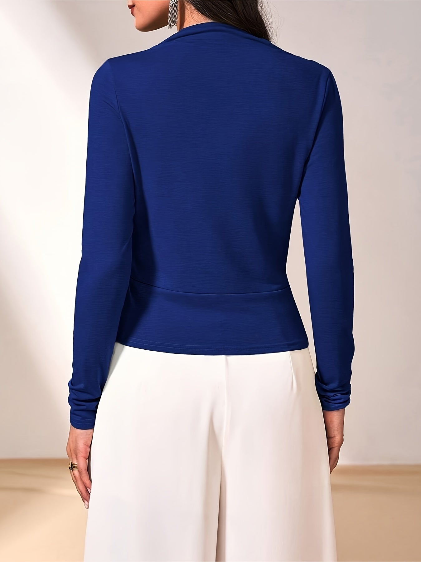 vlovelaw Ruched Surplice Neck T-Shirt, Elegant Long Sleeve Top For Spring & Fall, Women's Clothing