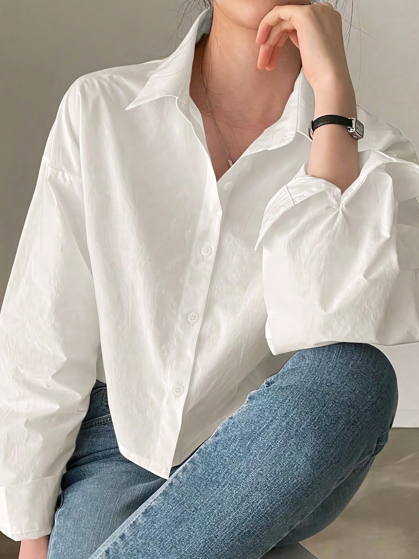 Solid Single Button Lapel Shirt, Casual Long Sleeve Shirt For Spring & Fall, Women's Clothing