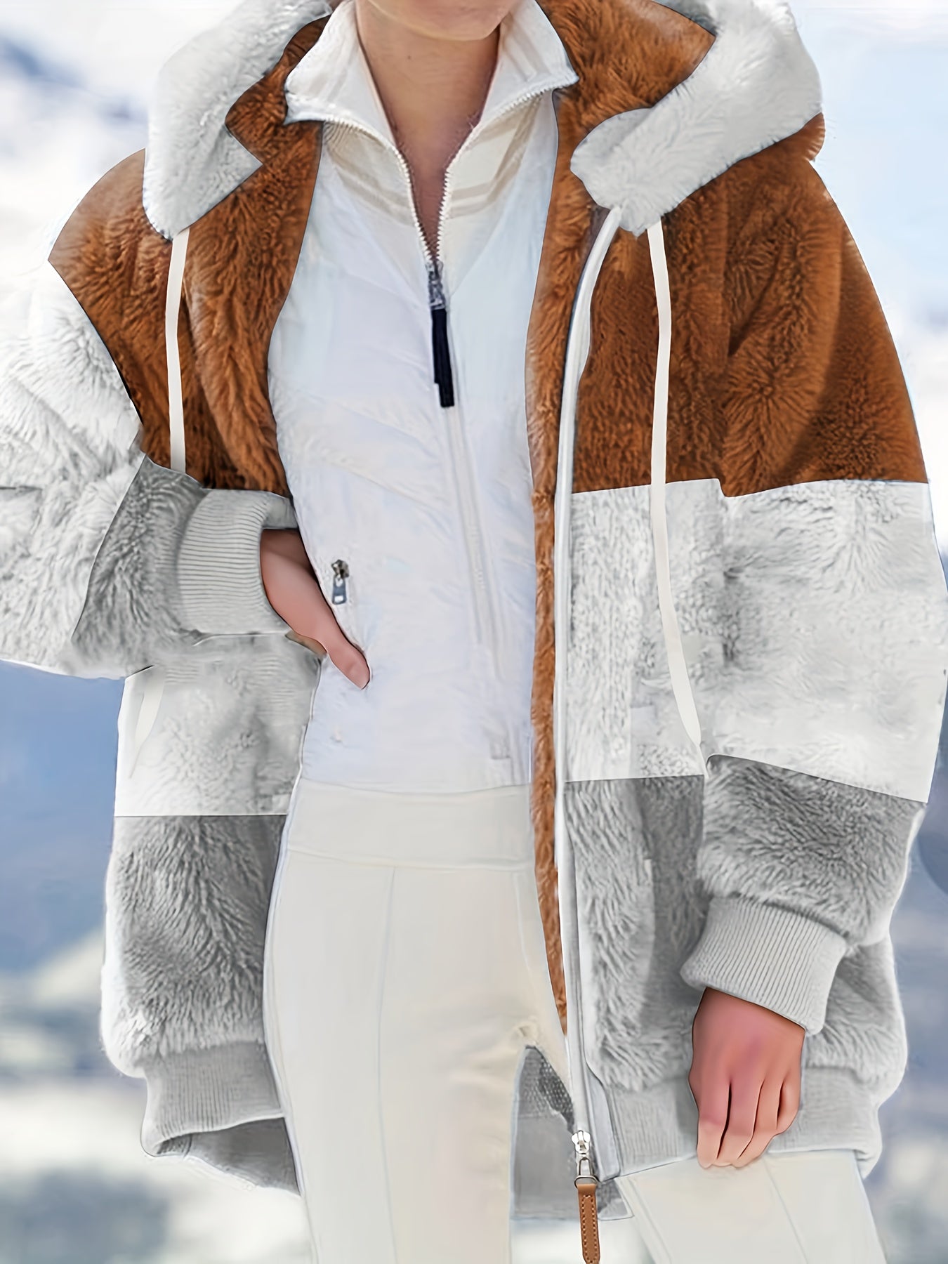 vlovelaw Plus Size Colorblock Fuzzy Hoodie Drawstring Zip Up Coat, Women's Plus Pocket Casual Overcoat
