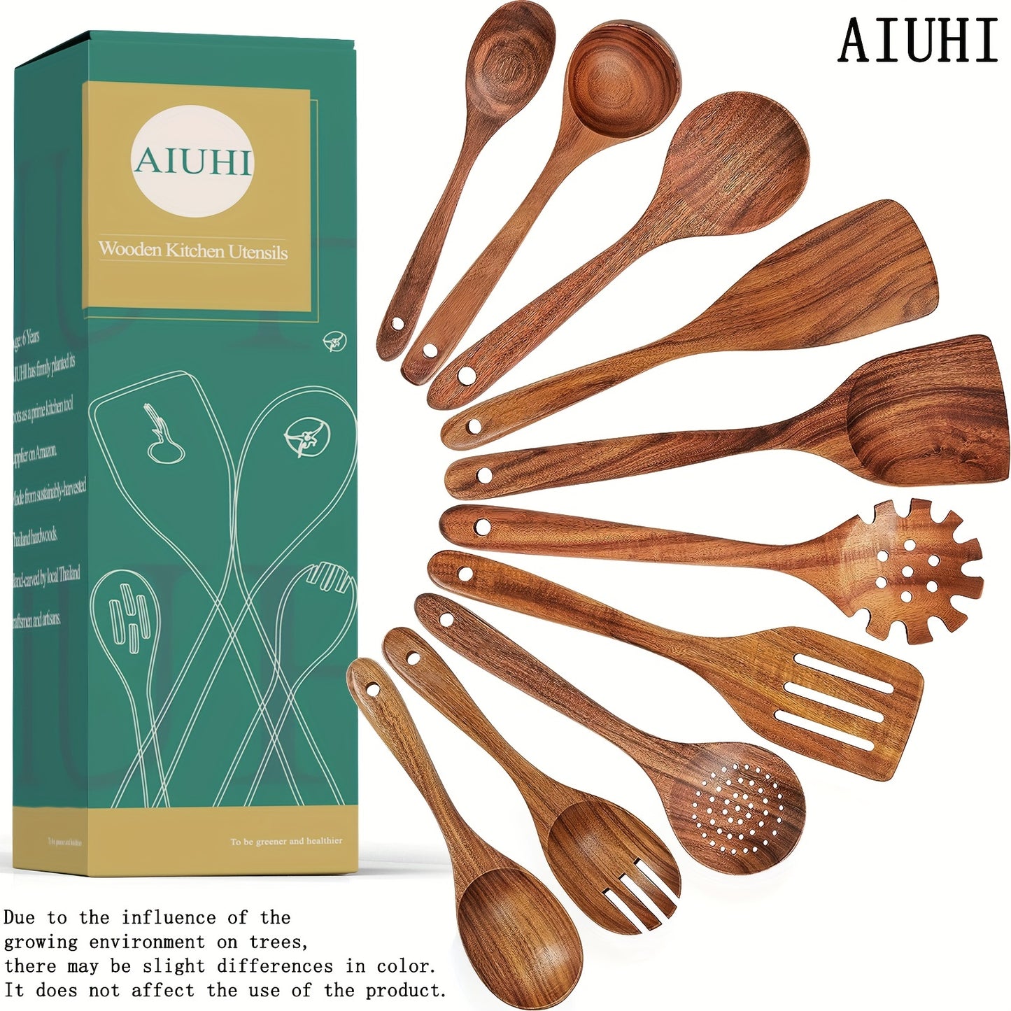 10pcs Premium Wooden Spoons Set - Sturdy, Lightweight, Heat Resistant, Non-Stick, Easy to Clean Cooking Utensils - Kitchen Essentials, Baking Supplies, Cooking Accessories, Utensil Holder Box Included
