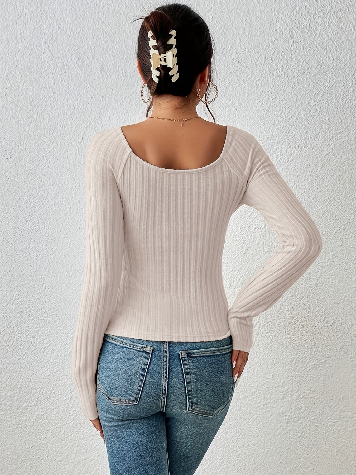 vlovelaw Plus Size basic Sweater, Women's Plus Solid Ribbed Long Sleeve Round Neck Knot Jumper