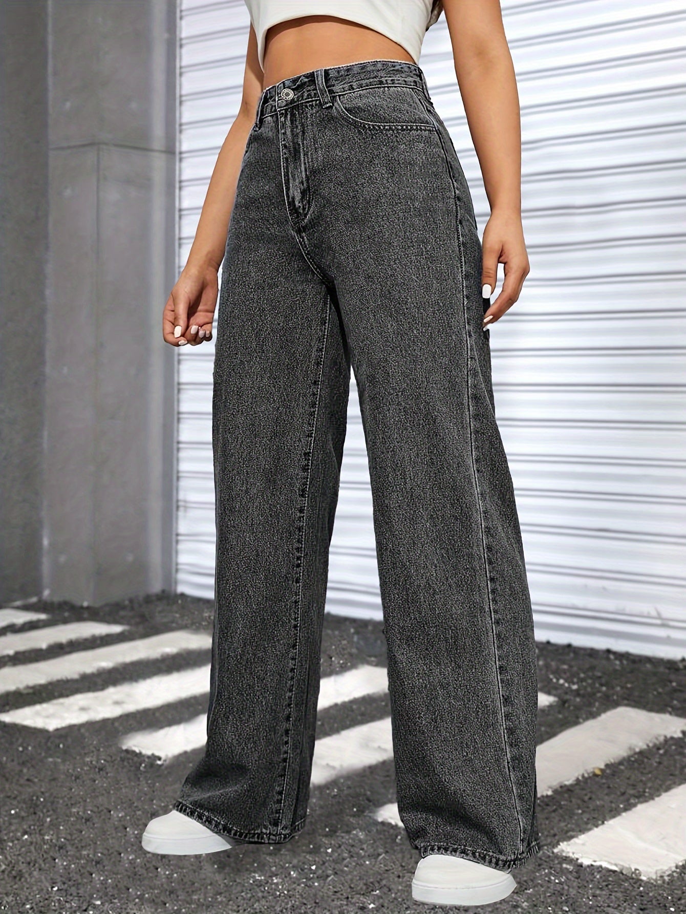 Loose Fit Washed Baggy Jeans, Slant Pockets Non-Stretch Casual Wide Legs Jeans, Women's Denim Jeans & Clothing