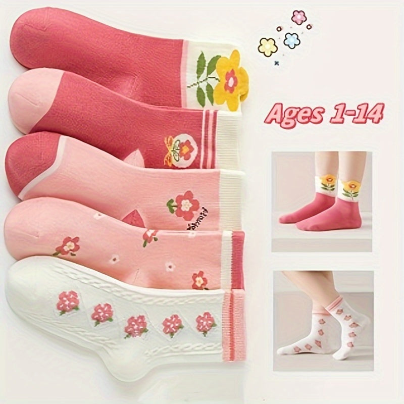 10pcs Kids' Cute Pink Floral & Heart Pattern Socks - Cozy Polyester Blend, Perfect for Fall/Winter - Mid-Calf Athletic & Floor Socks