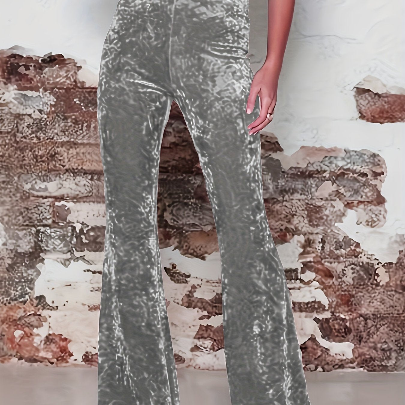vlovelaw High Waist Solid Velvet Pants, Boho Every Day Flare Leg Pants For All Season, Women's Clothing