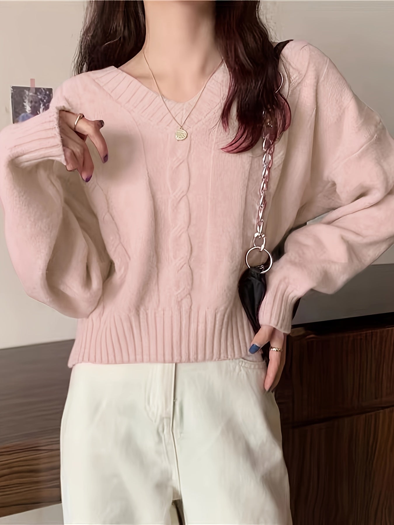 vlovelaw Solid V Neck Cable Knit Sweater, Casual Long Sleeve Pullover Sweater, Women's Clothing