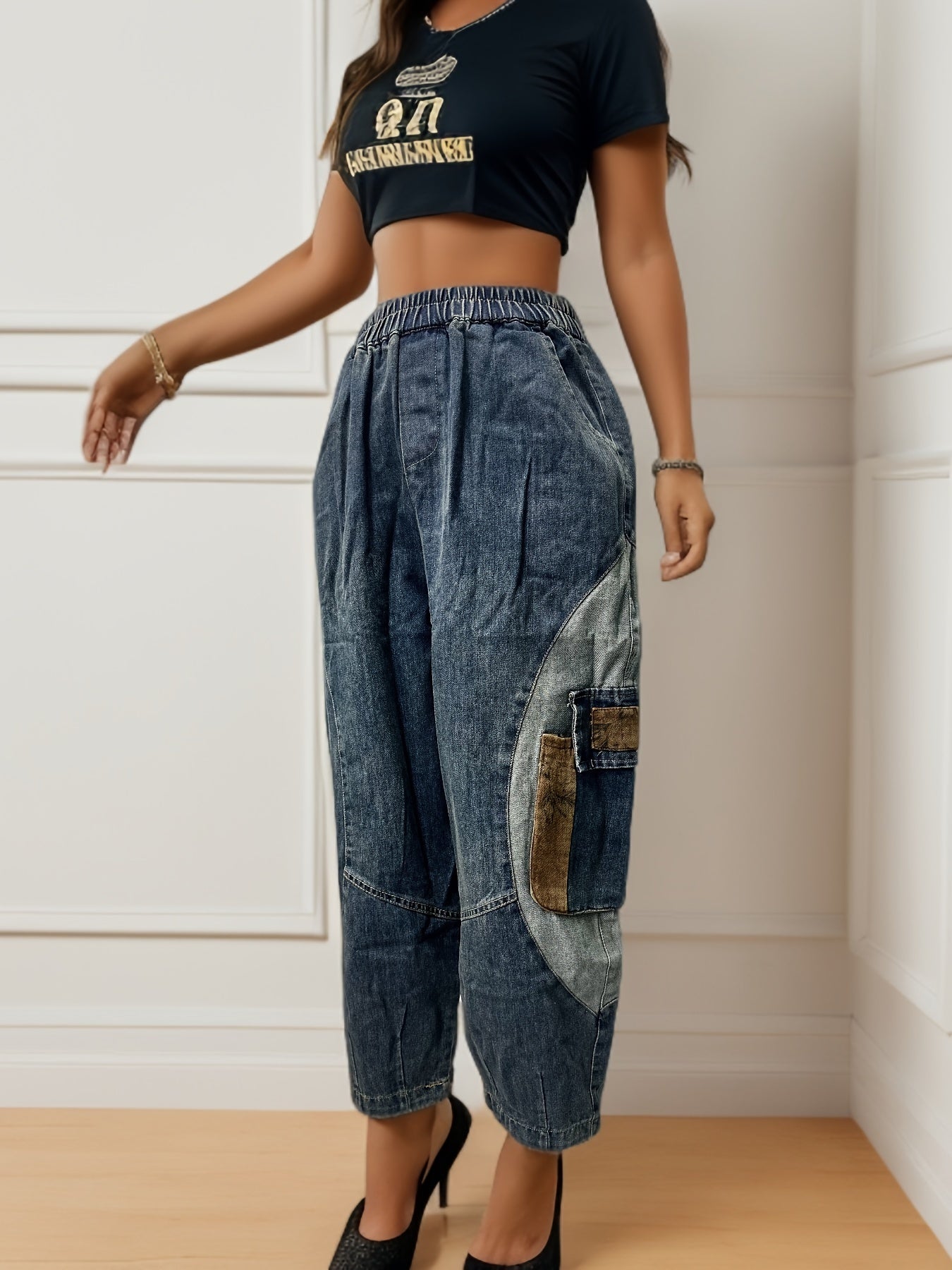 vlovelaw Elastic Waist Versatile Harem Denim Jeans, Loose Fit Slant Pockets Straight Jeans, Women's Denim Jeans & Clothing