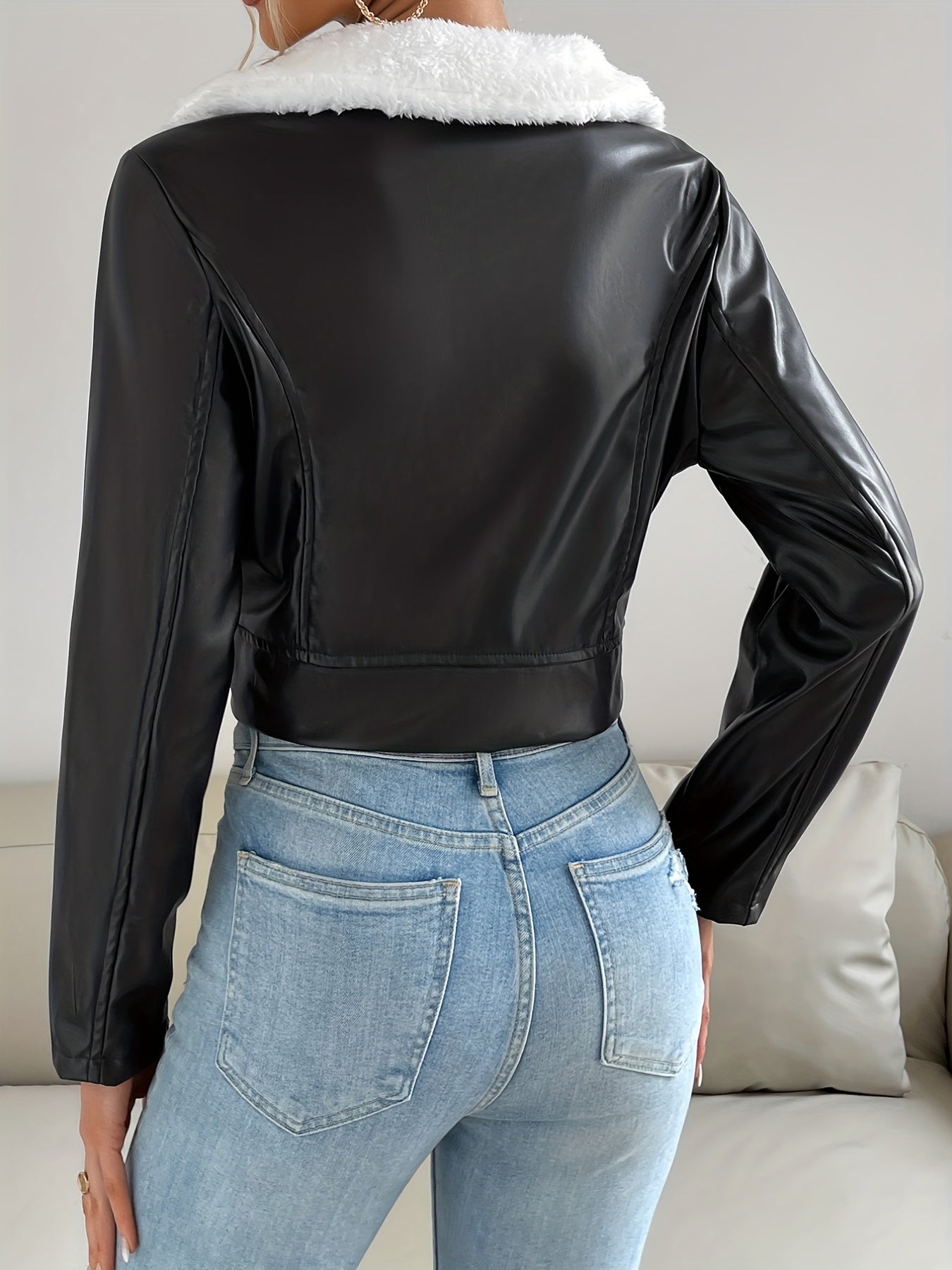 Zip Up PU Leather Jacket, Casual Long Sleeve Solid Outerwear, Women's Clothing