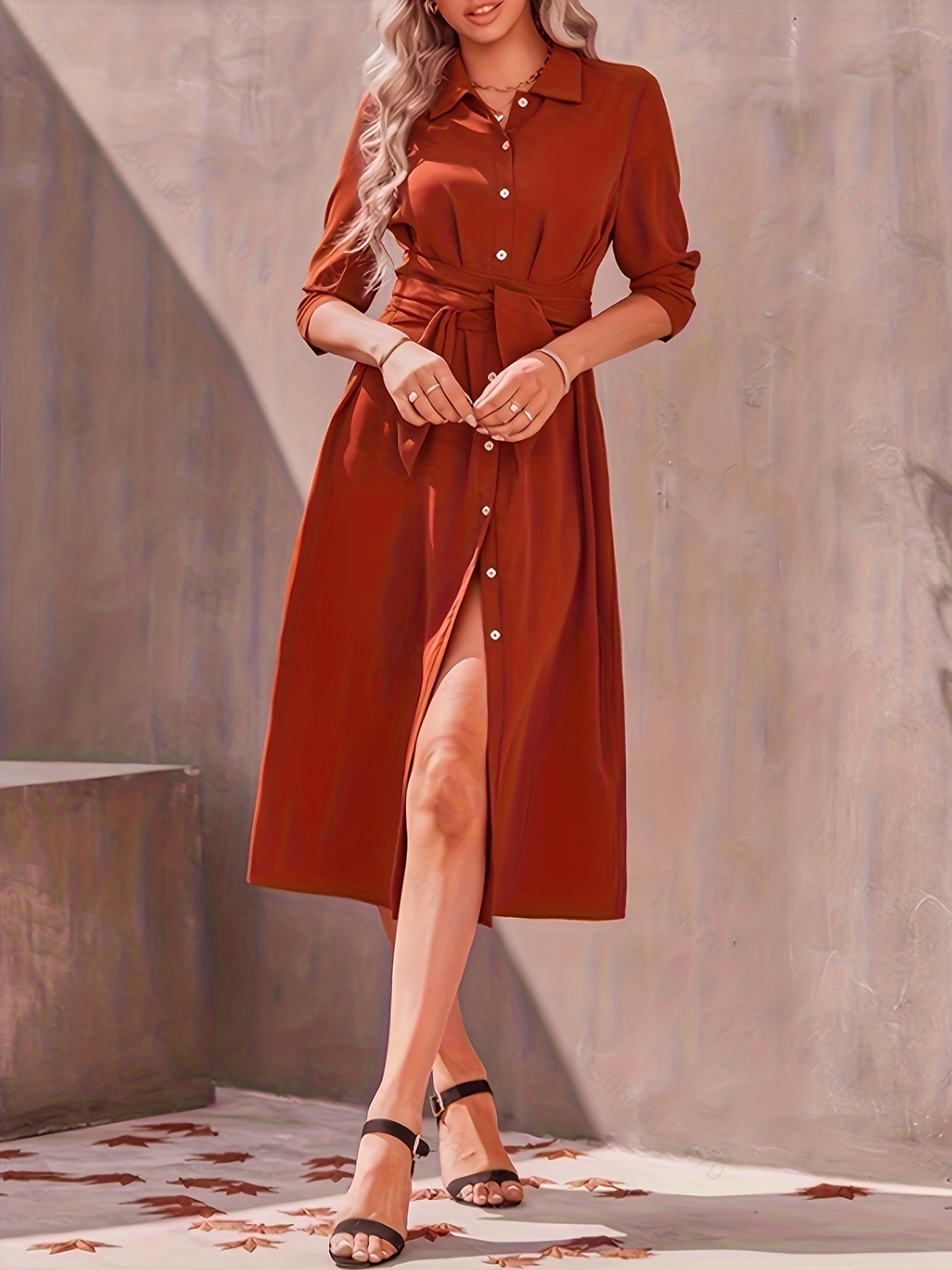 vlovelaw Button Front Long Sleeve Dress, Elegant Solid Midi Dress, Women's Clothing