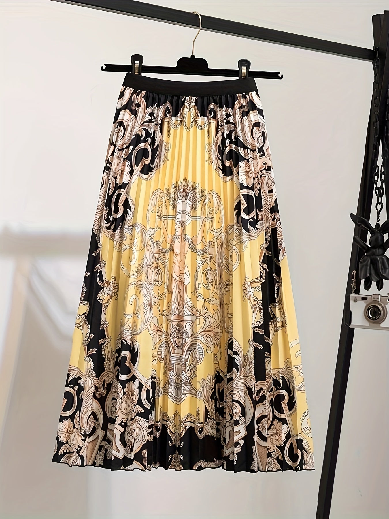 Plus Size Elegant Skirt, Women's Plus Baroque Print Elastic Waist High Rise Pleated Maxi Skirt