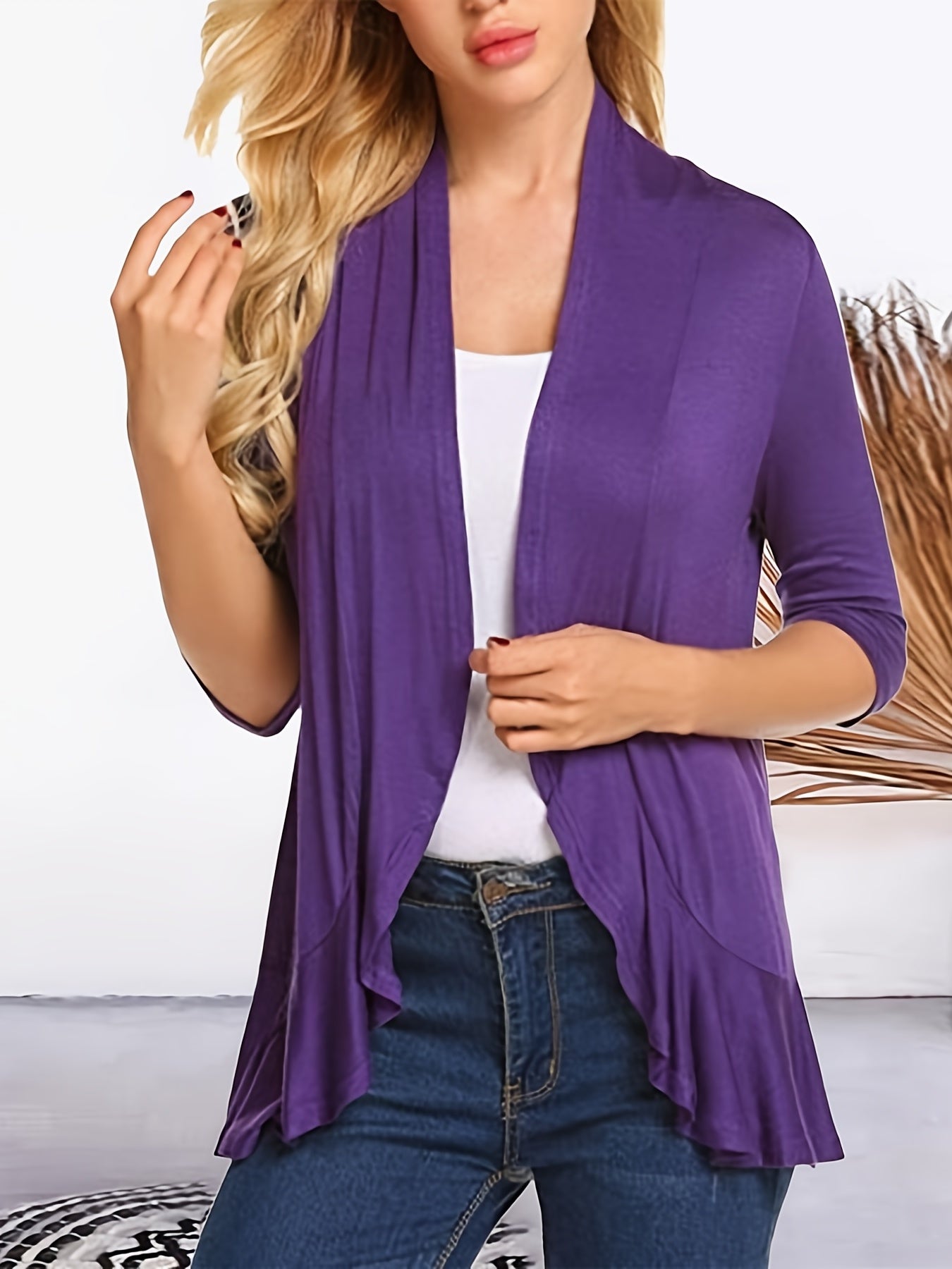 vlovelaw V-neck Loose Pleated Cardigans, Casual Frill Solid 3/4 Sleeve Spring Summer Fall Cardigan, Women's Clothing