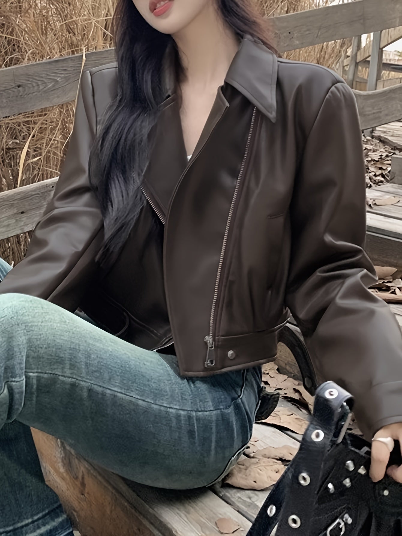 Faux Leather Zip-up Jacket, Casual Long Sleeve Crop Biker Jacket For Fall & Winter, Women's Clothing