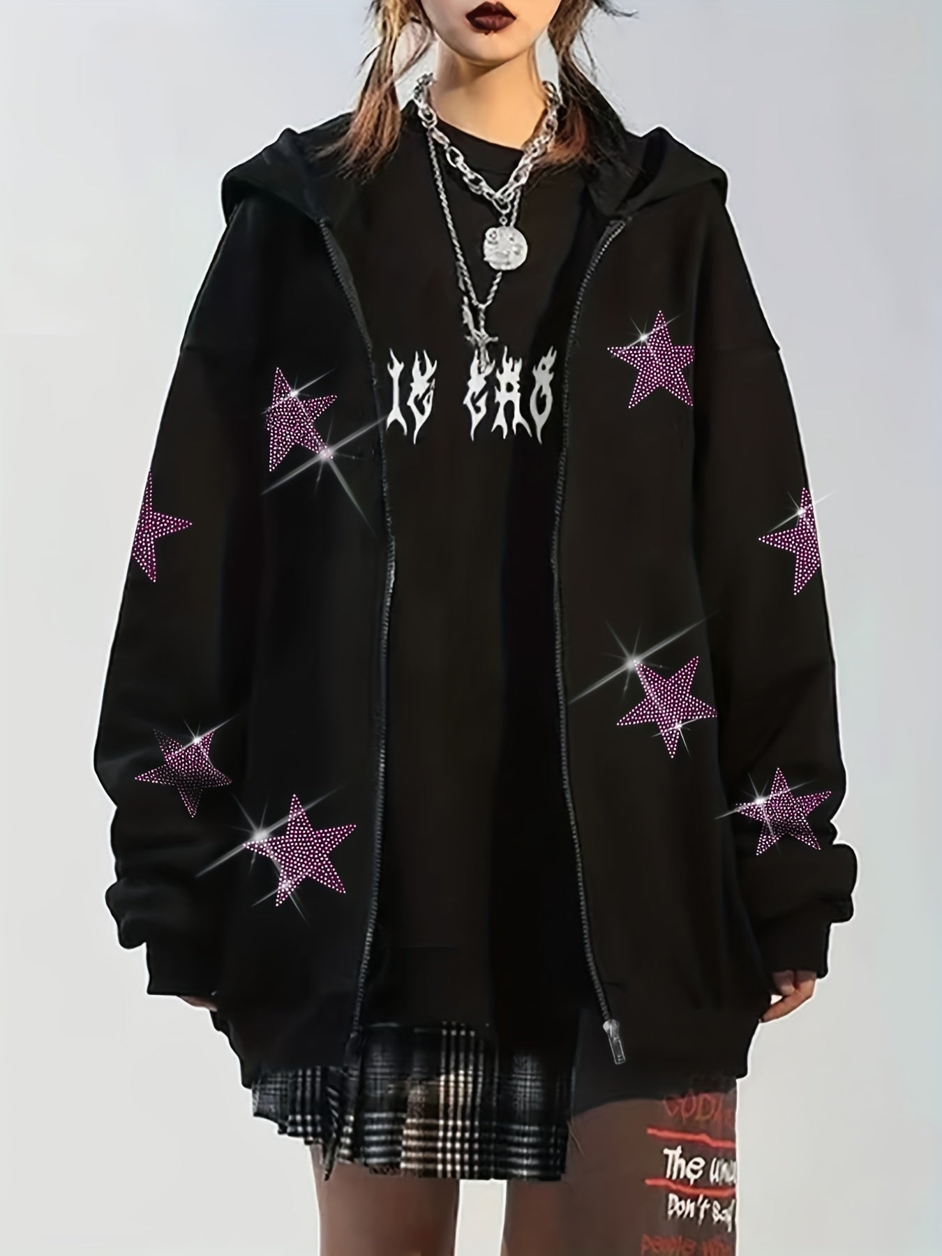 vlovelaw Star Rhinestone Zip Up Hoodie, Casual Long Sleeve Hoodies Sweatshirt, Women's Clothing