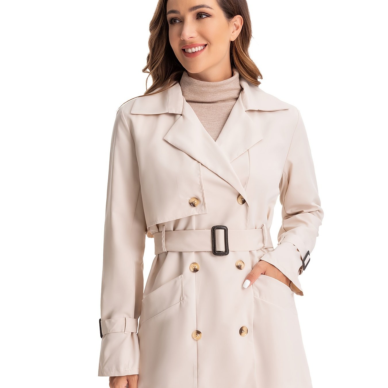 vlovelaw Double Breasted Long Trench Coat, Long Sleeve Windproof Classic Lapel Slim Belted Outerwear, Women's Clothing