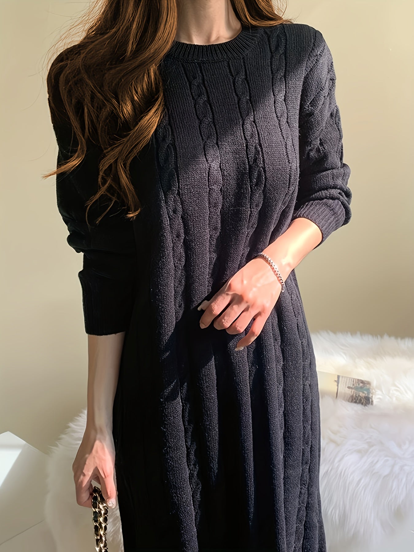 Solid Cable Knit Sweater Dress, Casual Long Sleeve Midi Dress, Women's Clothing