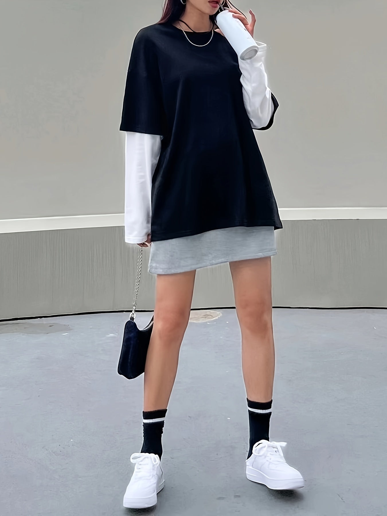 vlovelaw  Oversized Color Block 2 In 1 T-shirt, Drop Shoulder Long Sleeve T-shirt, Women's Clothing