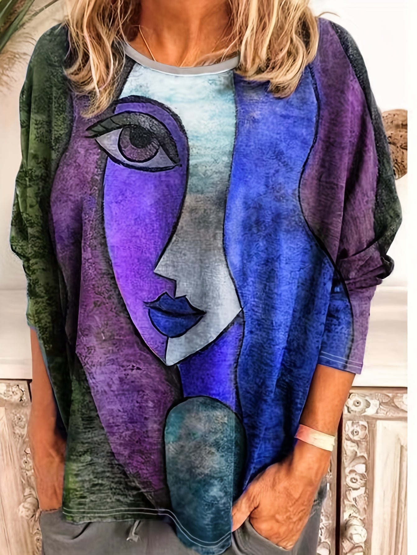 Plus Size Casual T-shirt, Women's Plus Abstract Print Long Sleeve Round Neck Medium Stretch T-shirt