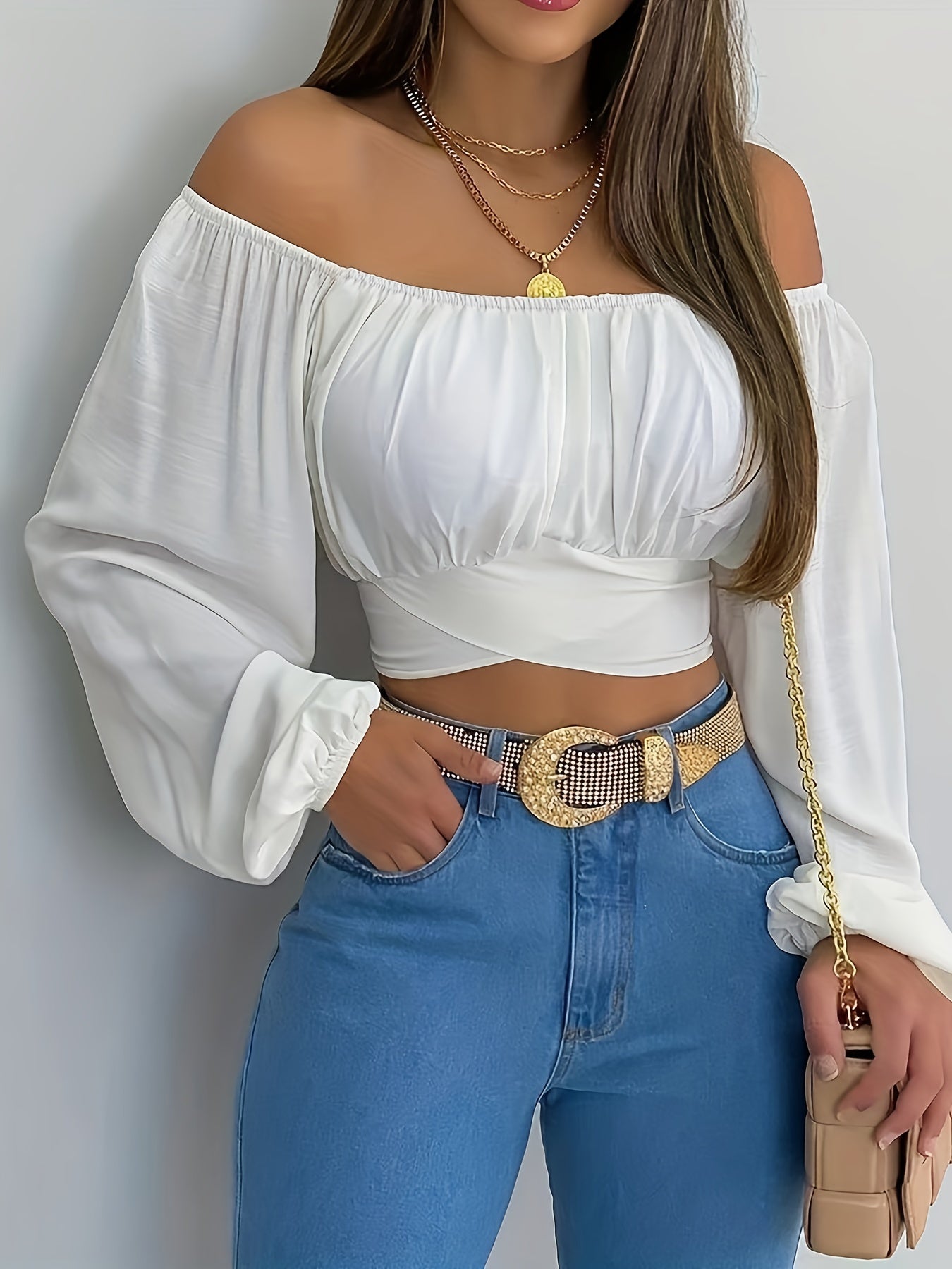vlovelaw Solid Cross Tie Back Crop Blouse, Casual Off Shoulder Long Sleeve Top, Women's Clothing