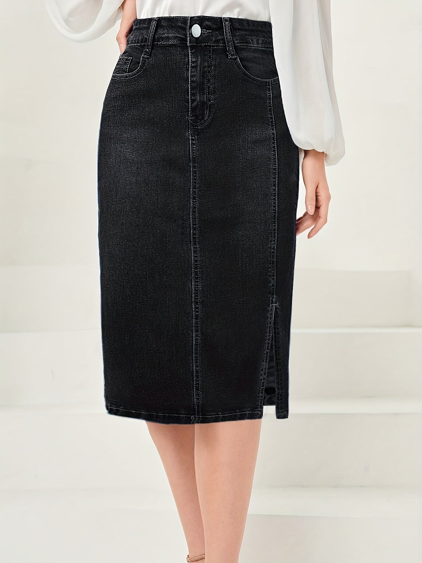 Side Split Vintage Washed Midi Denim Skirt, Zipper Button Closure Solid Color Slash Pocket Denim Skirt, Women's Denim Jeans & Clothing
