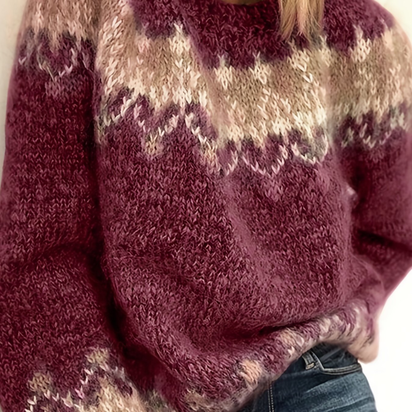 Color Block Mohair Chunky Knit Pullover Sweater, Casual Long Sleeve Raglan Shoulder Sweater For Fall & Winter, Women's Clothing