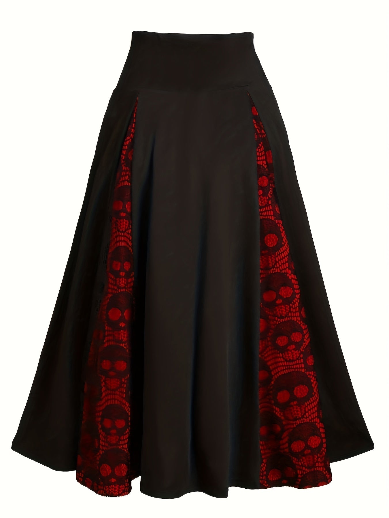Plus Size Halloween Goth Skirt, Women's Plus Colorblock Skull Print High Rise Medium Stretch A-line Maxi Skirt