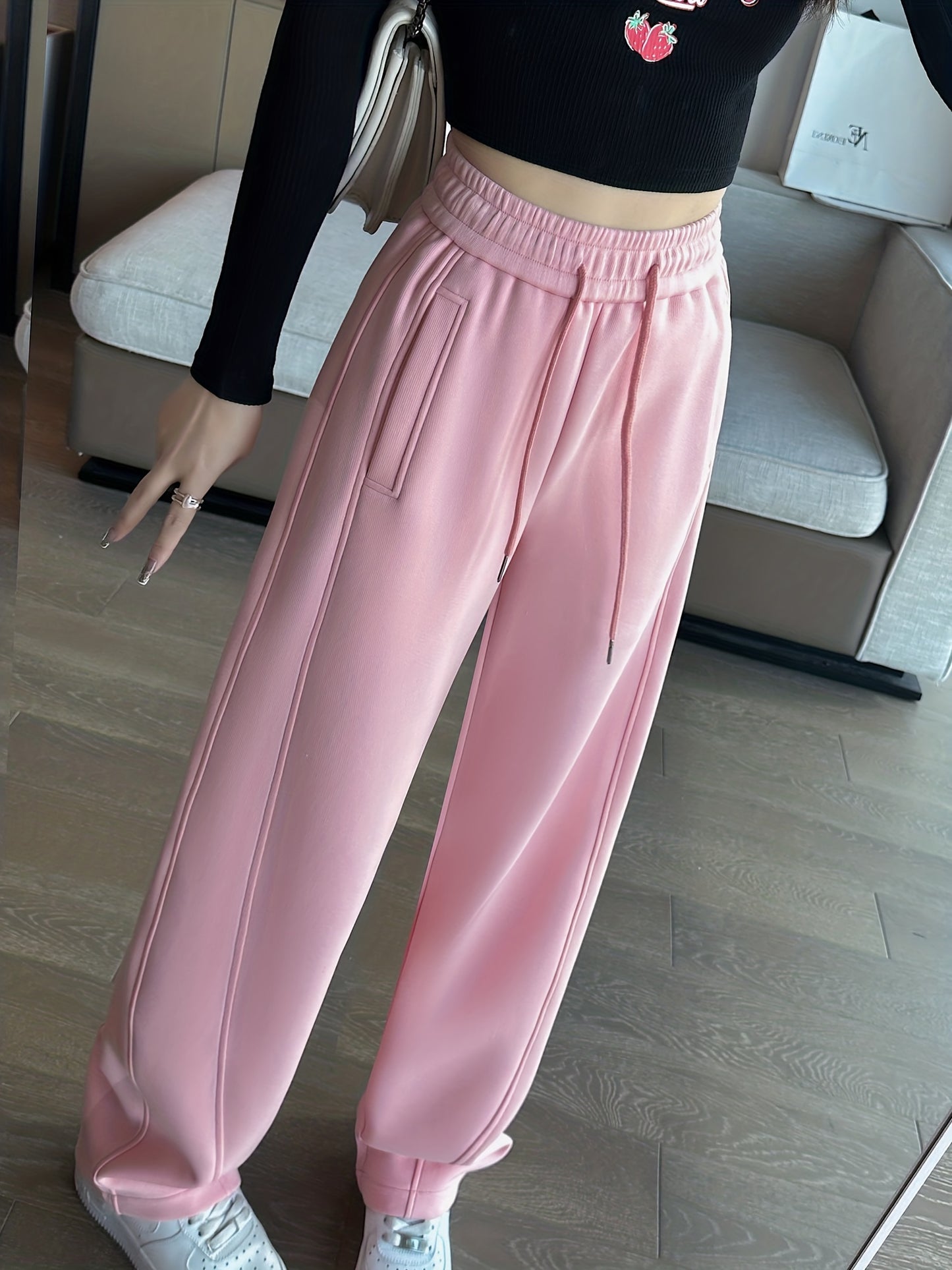 Pocket Solid Straight Leg Pants, Casual Drawstring Elastic Waist Pants, Women's Clothing