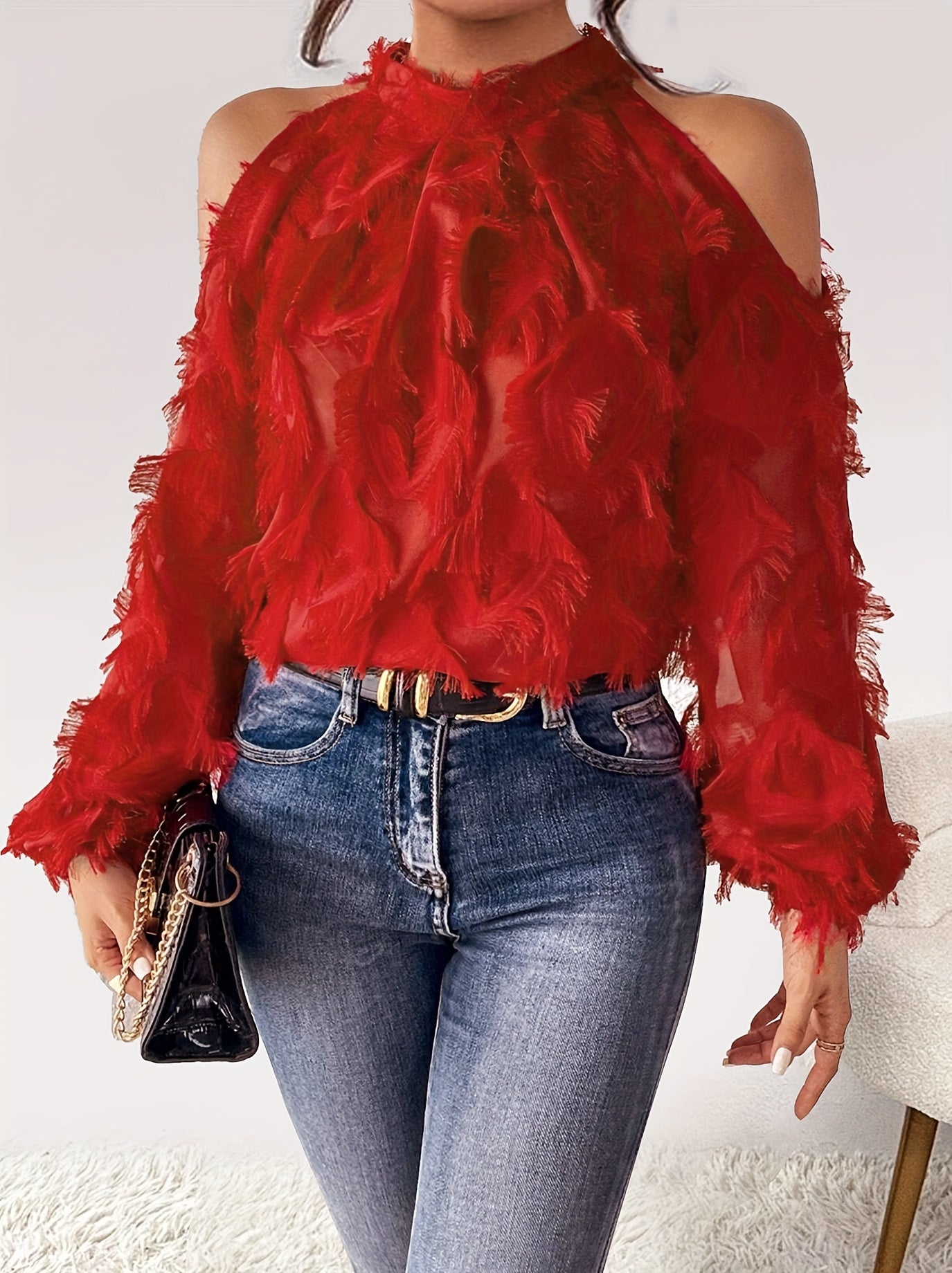 vlovelaw Plus Size Fringe Trim Top, Casual Cold Shoulder Long Sleeve Top, Women's Plus Size Clothing