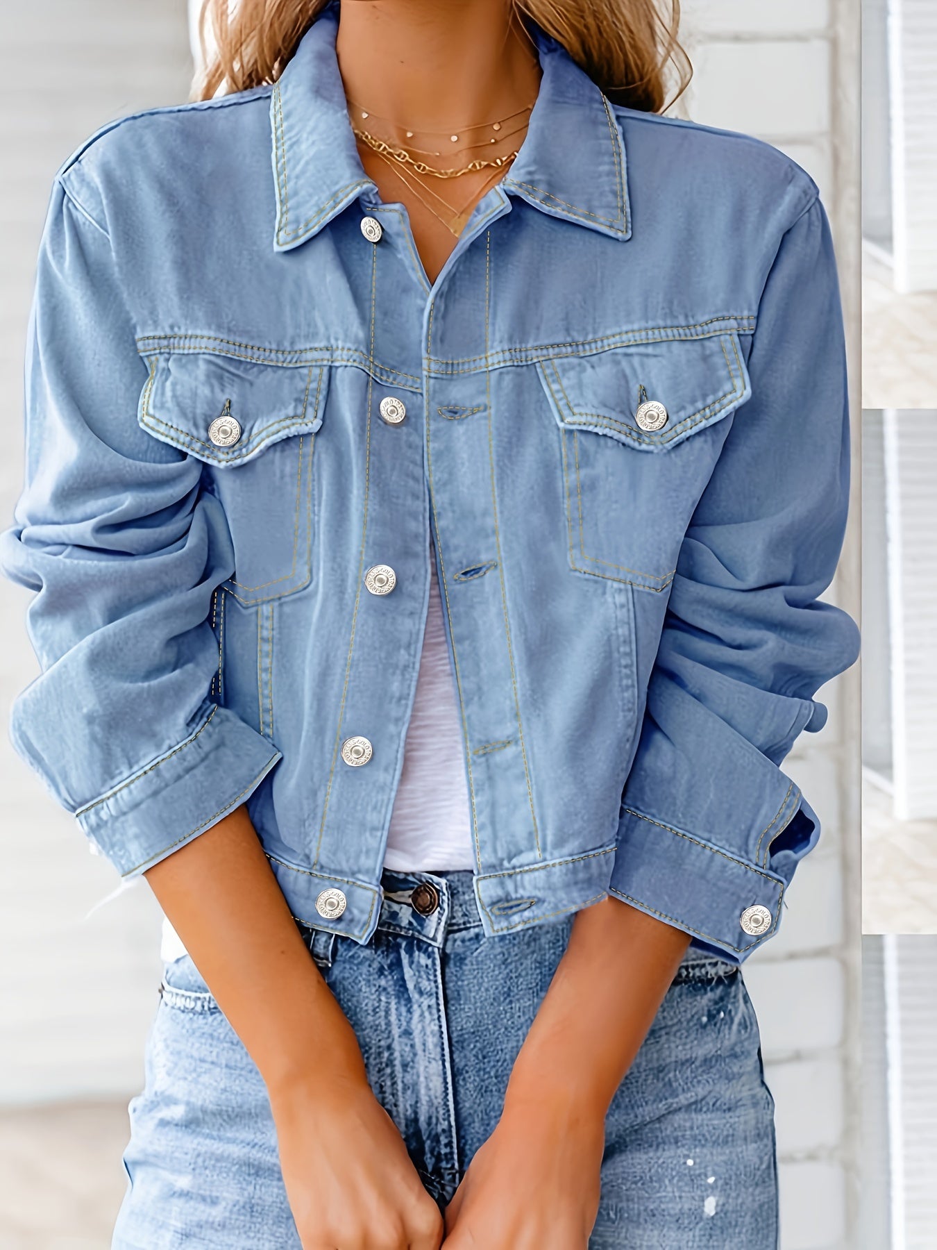Long Sleeves Denim Coats, Single-Breasted Button Flap Pockets Lapel Denim Jackets, Women's Denim Clothing