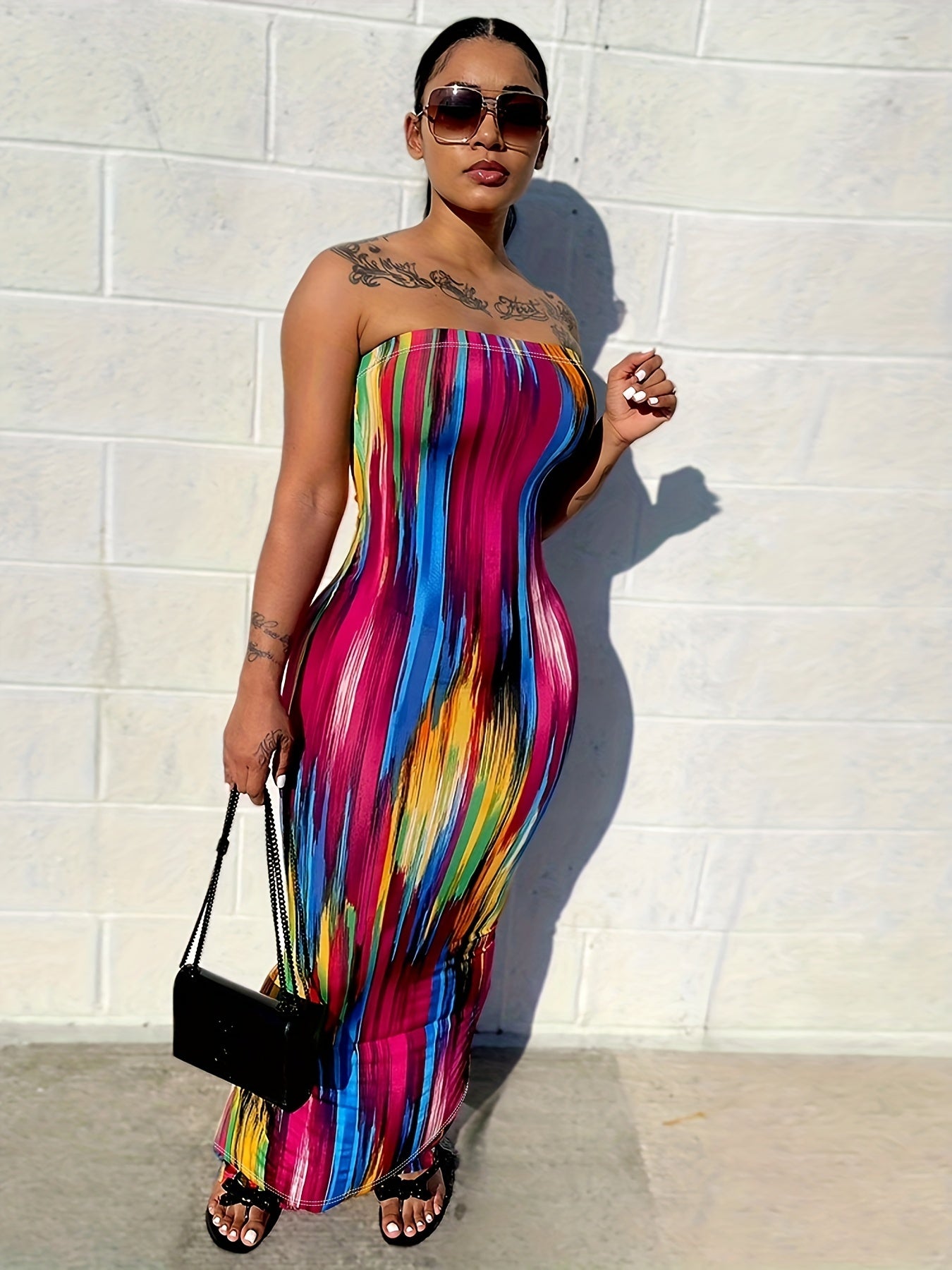 vlovelaw Colorful Printing Tube Dress, Sexy Off Shoulder Bodycon Maxi Dress, Women's Clothing