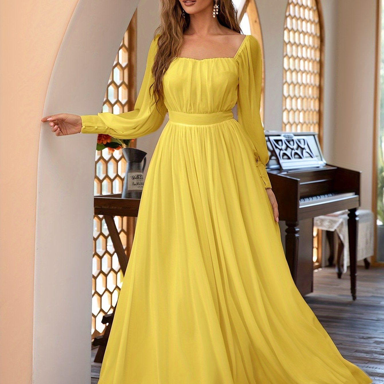 vlovelaw Solid Simple Dress, Elegant Long Sleeve Maxi Dress, Women's Clothing