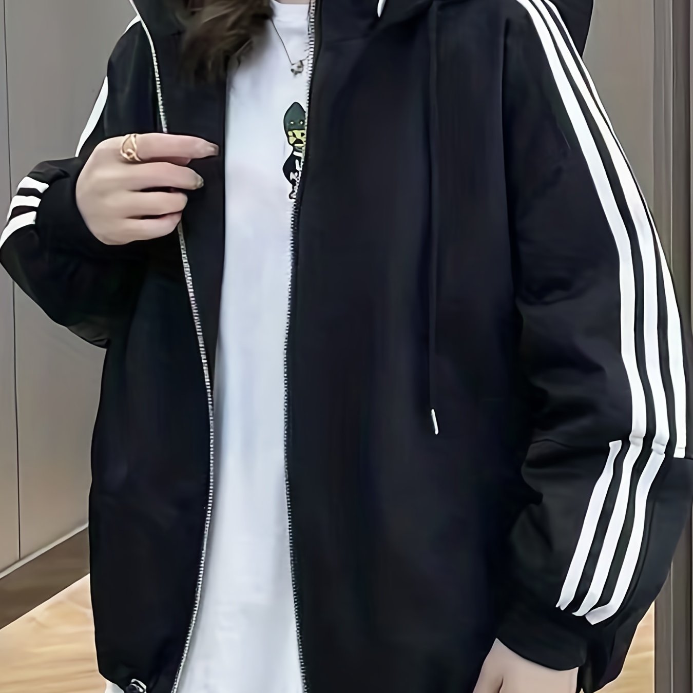 Striped Print Zip Up Jacket, Casual Drawstring Hooded Jacket, Women's Clothing