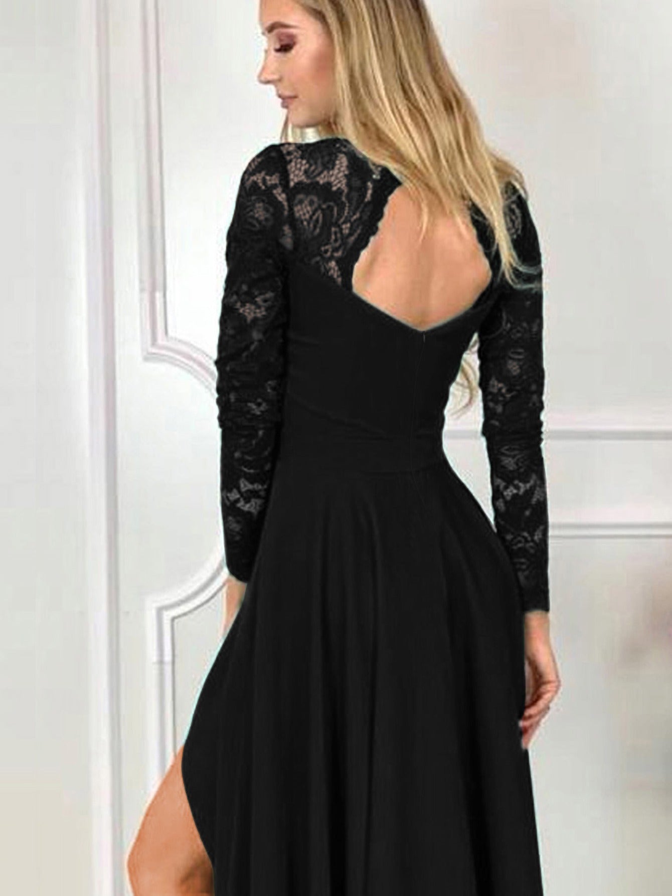 vlovelaw Women's Dresses Black V-neck Lace Backless High And Low Hem Evening Dress
