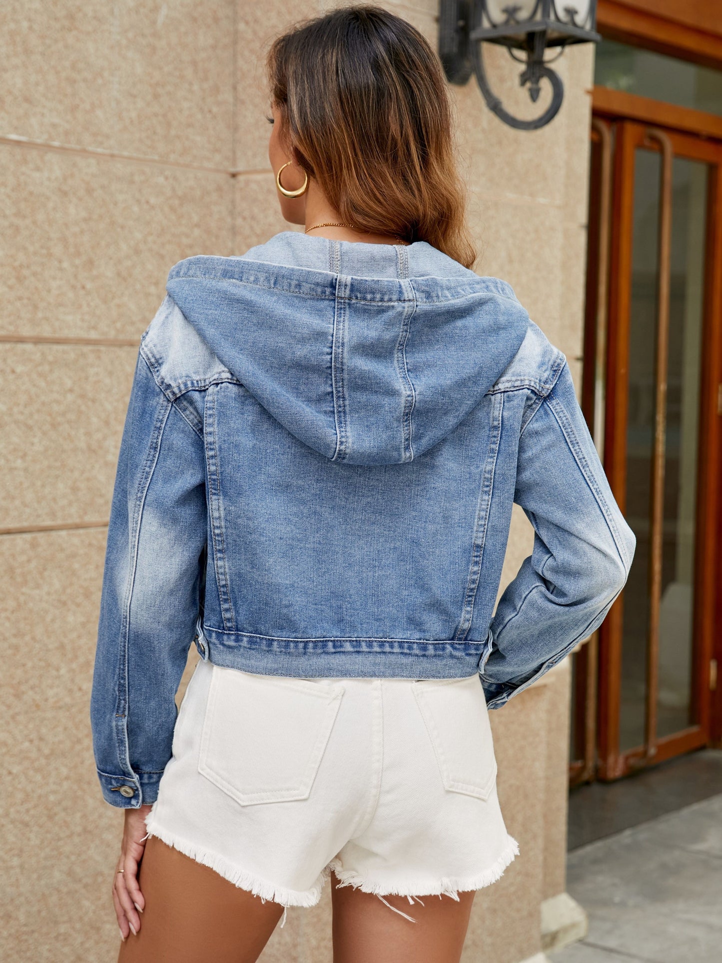 Blue Long Sleeve Denim Jackets, Single-Breasted Button Non-Stretch Hooded Denim Coats, Women's Denim Clothing