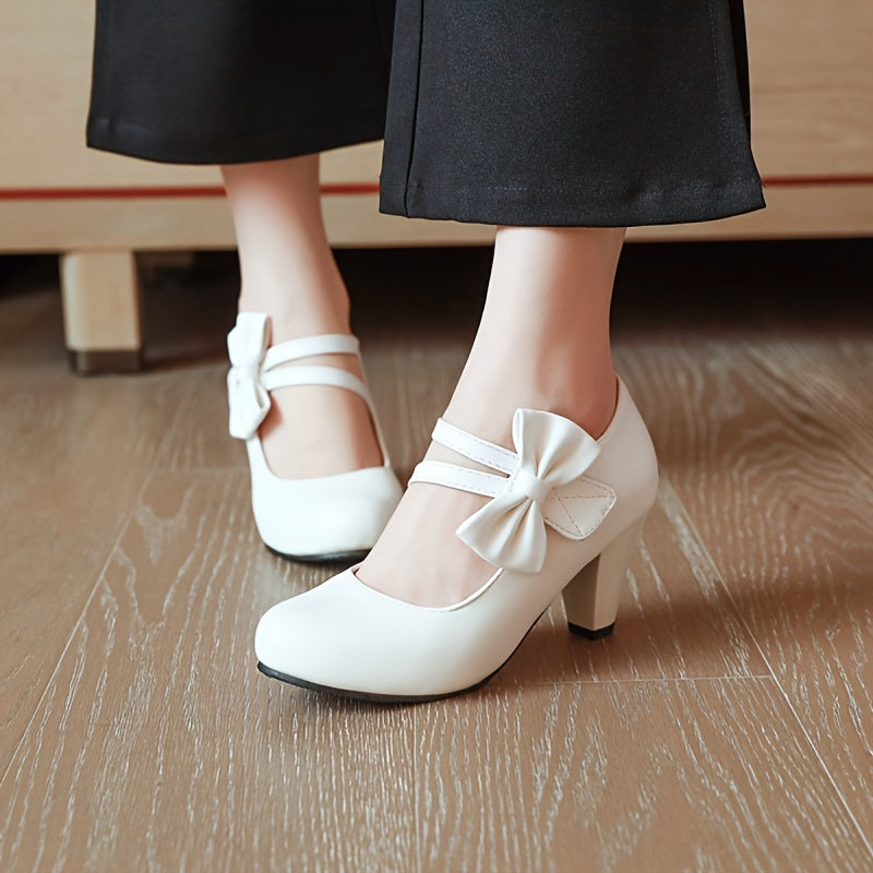 vlovelaw Women's Bow Decor Pumps, Elegant Solid Color Chunky High Heels, All-Match Uniform Dress Shoes