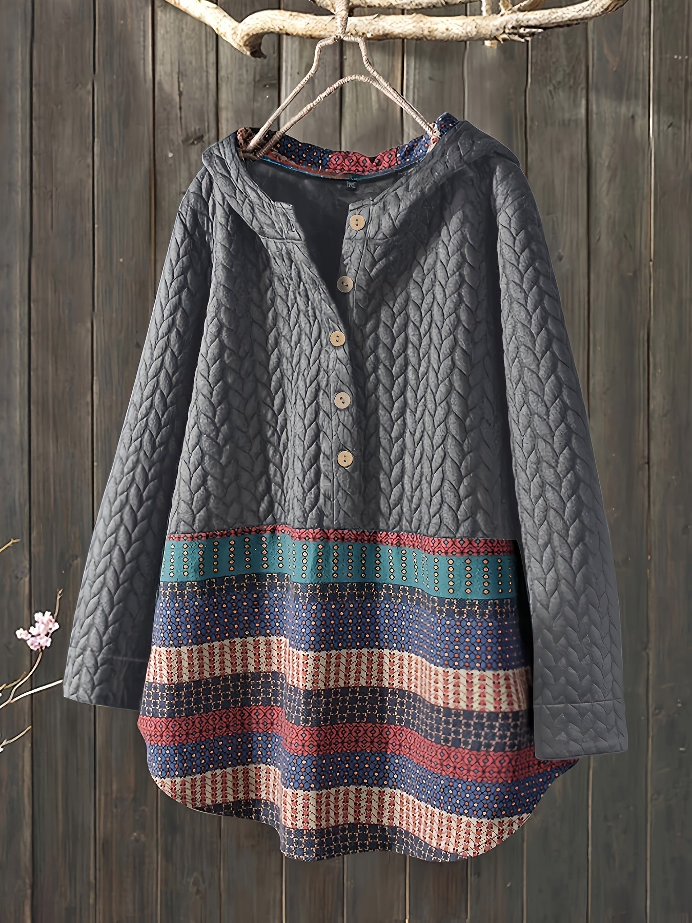 vlovelaw Tribal Print Long Sleeve Hooded Padded Jacket, Casual Button Front Loose Hem Outerwear, Women's Clothing