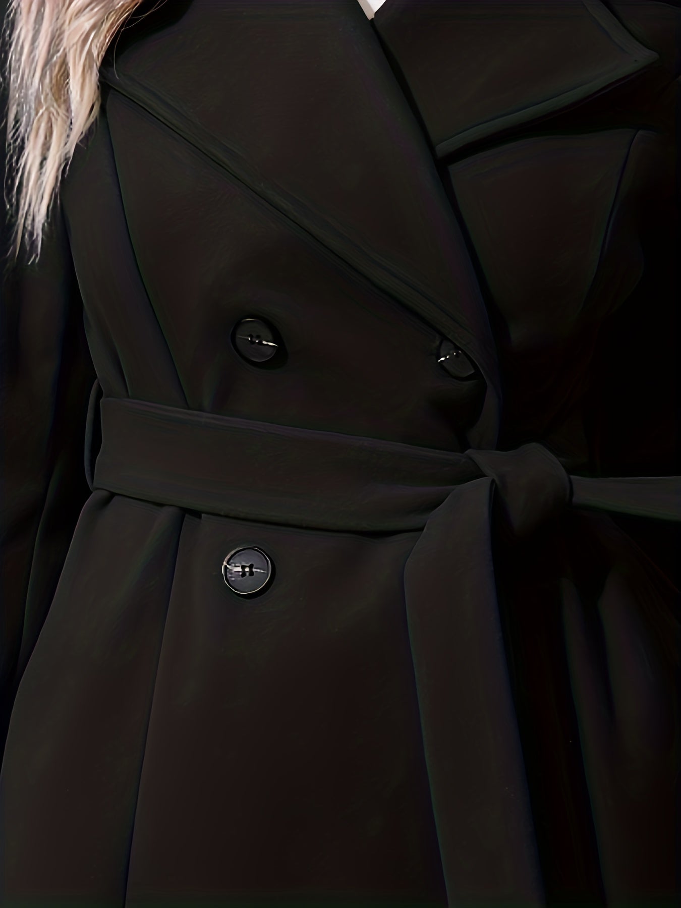 Solid Double Breasted Belted Coat, Casual Long Sleeve Lapel Outwear, Women's Clothing