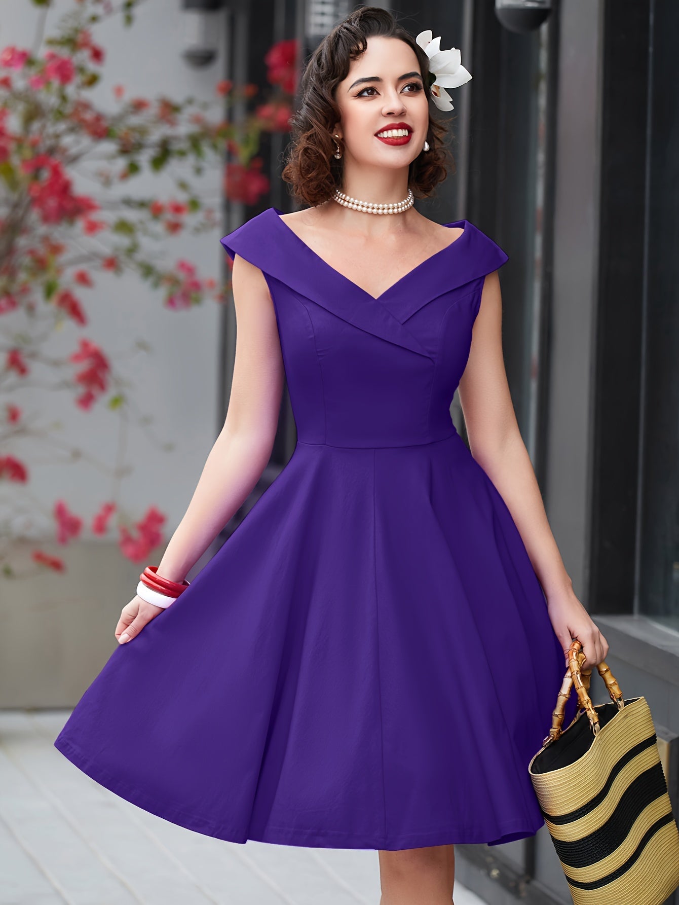 vlovelaw Solid V Neck Dress, Vintage Short Sleeve A-line Dress For Spring & Summer, Women's Clothing