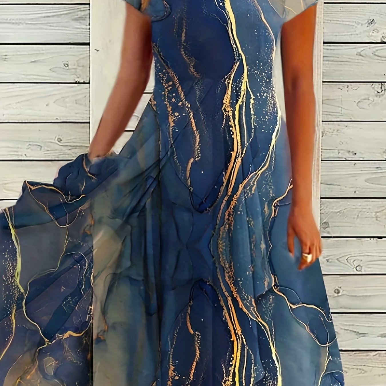 Marble Print Dress, Boho V Neck Short Sleeve Summer Dress, Women's Clothing