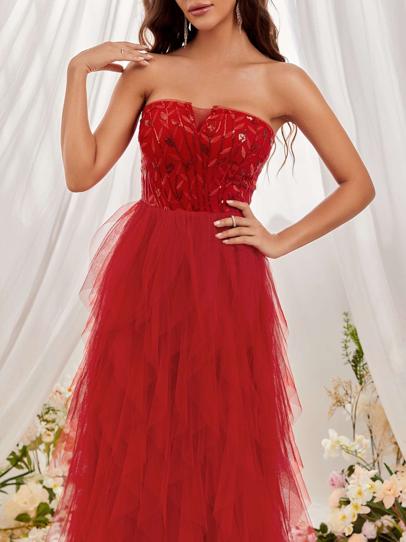 vlovelaw Sequin Decor Tulle Overskirt Tube Dress, Elegant Strapless Notch Neck A-line Dress, Women's Clothing