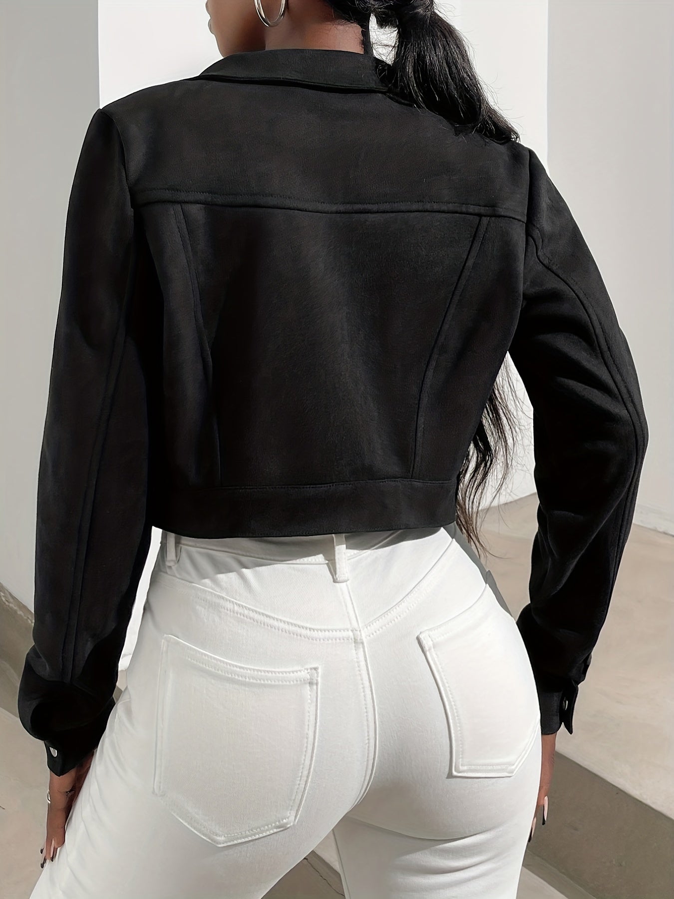 vlovelaw  Solid Button Front Jacket, Casual Crop Long Sleeve Jacket, Women's Clothing