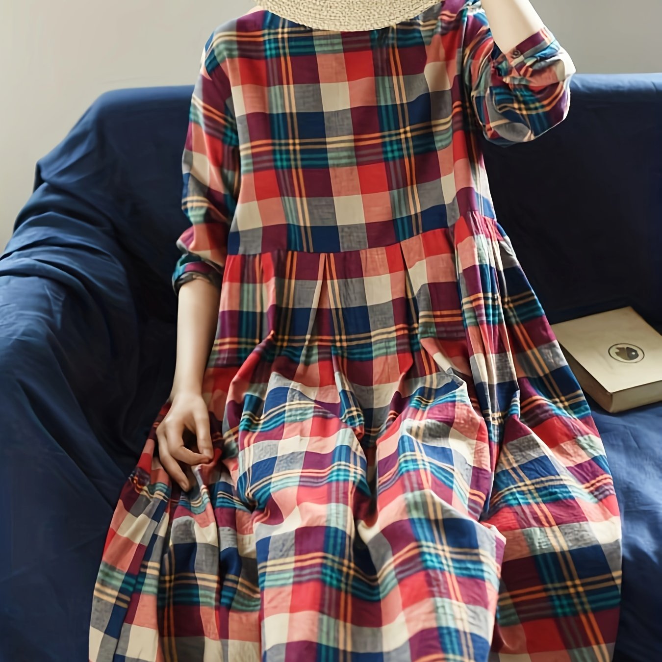 vlovelaw Plaid Print Loose Dress, Random Print Long Sleeve Casual Dress For Fall & Spring, Women's Clothing