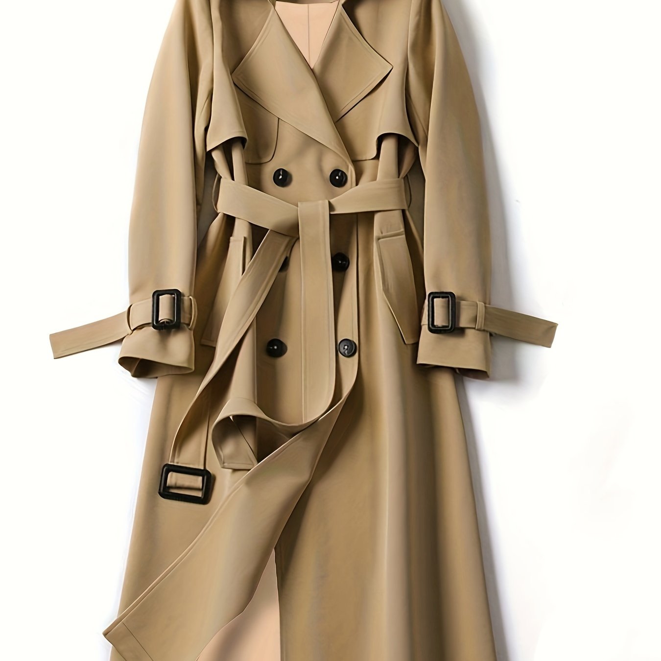 vlovelaw Plus Size Casual Coat, Women's Plus Solid Long Sleeve Lapel Collar Double Button Buckle Overcoat With Belt
